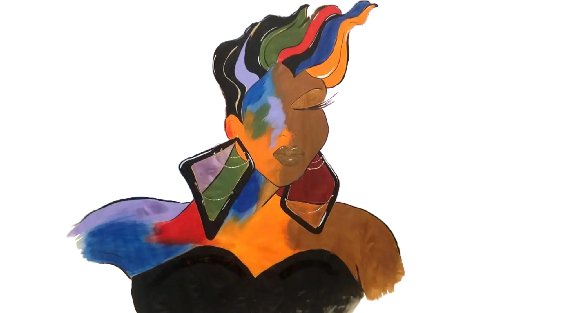 A coloful painting of a woman with big earrings